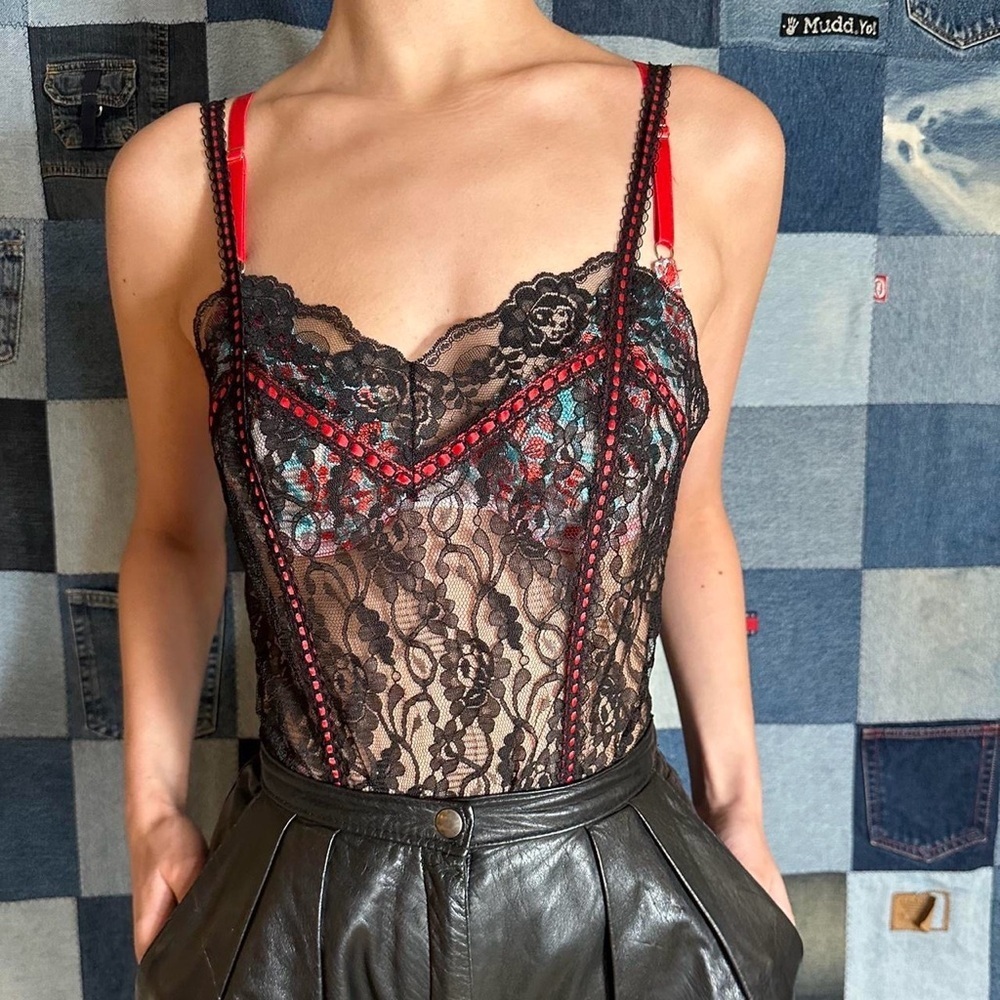 Undercover Black Lace Bodysuit with Red Accents
